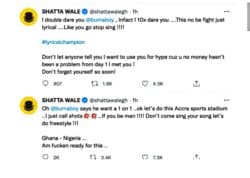 Shatta Wale swiftly responded, interpreting Burna Boy's words to suggest a freestyle war, tweeting, "Oh @burnaboy says he wants a 1 on 1...ok let's do this Accra sports stadium... All I do is call the shots. Symbol for collision The collision sign... If you're a dude!!! Let's go freestyle instead of singing your song!!! Nigeria – Ghana... "I'm completely prepared for this."